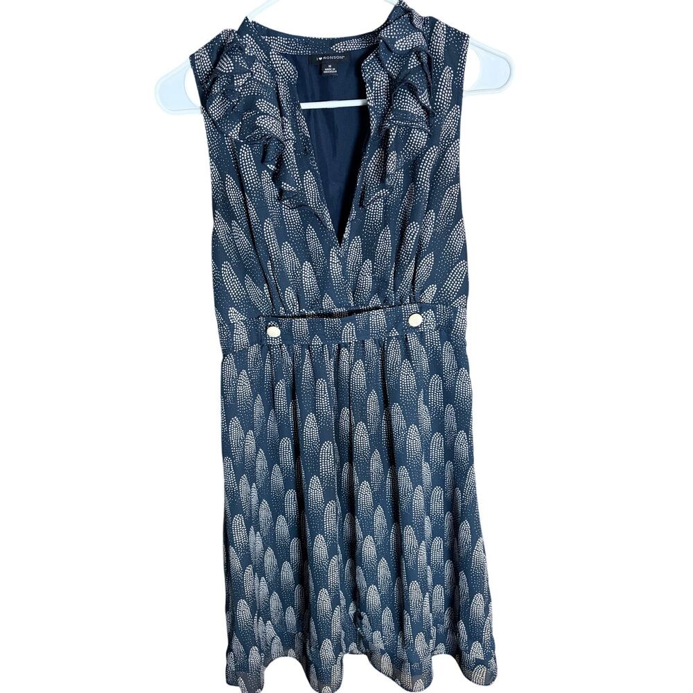 I heart Ronson Navy Print Ruffle Neck Sleeveless Fit & Flare Dress Size Medium